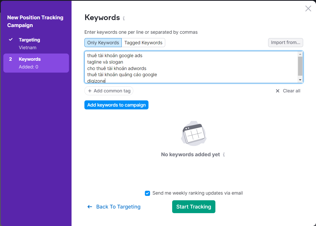 Thêm từ khóa trong SEMrush hoặc Google Analytics