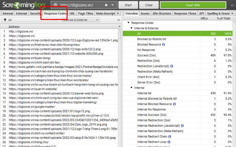 Screaming Frog là gì? Hướng dẫn sử dụng Screaming Frog 22 Kiểm tra mã phản hồi URL (Response Codes) trong Screaming Frog